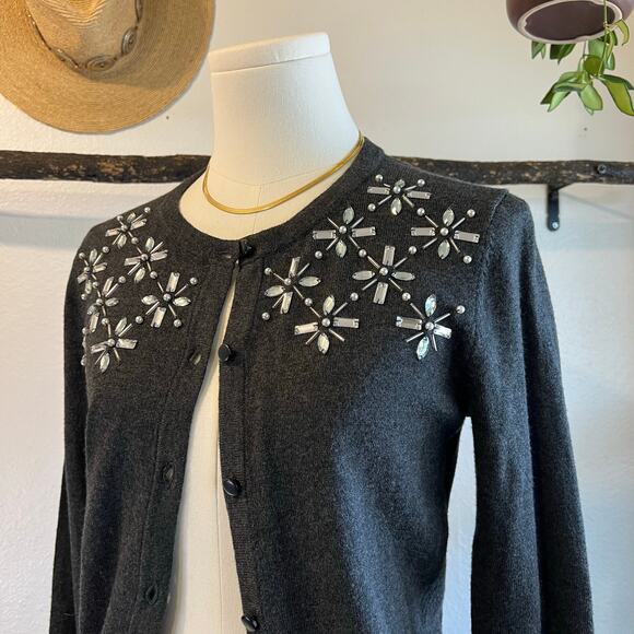 Gray Button Front Crystal Embroidered Holiday Winter Cardigan Sweater Size XS - Picture 1 of 11